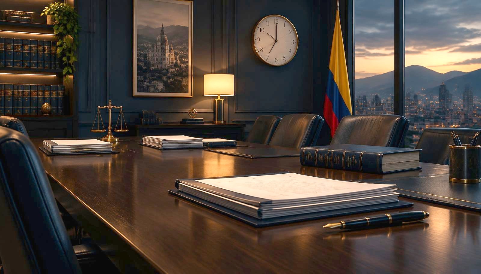 Sala de juntas al anochecer con documentos jurídicos y un reloj marcando las siete de la noche